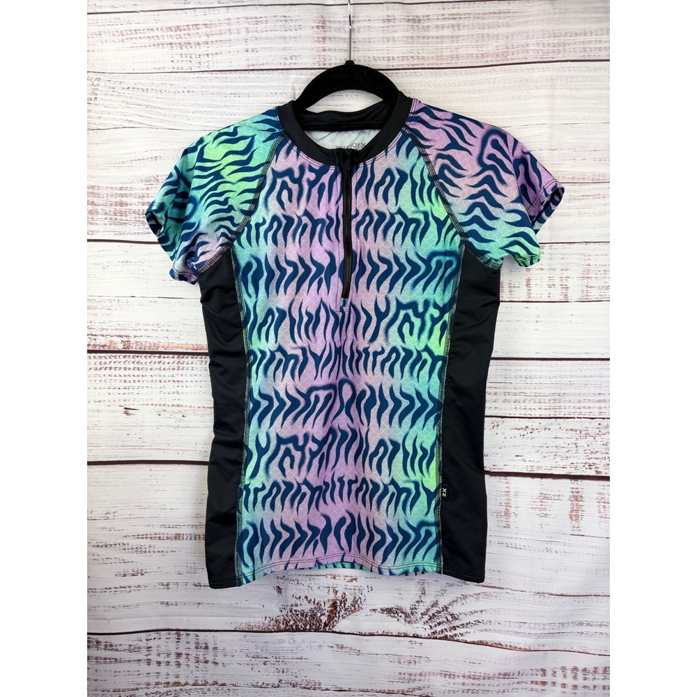 TomboyX Small Rash Guard Swim Top Head Over Eels Tiger Stripe Half Zip UPF 50